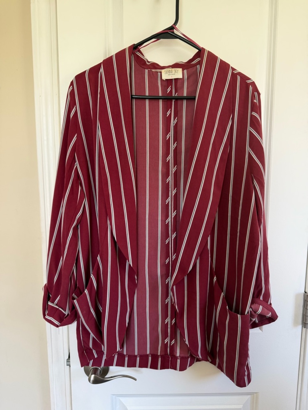 Sienna Sky Burgundy Striped Open Blazer